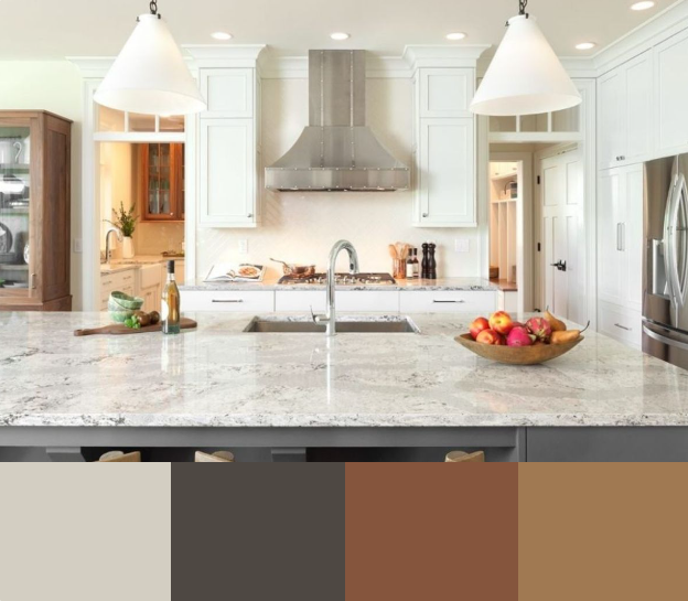 A bright kitchen with white cabinets and a large kitchen island featuring a gray veined quartz countertop. The backsplash is a neutral tile, and the range hood is stainless steel.