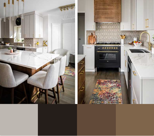 A split image showcasing two kitchen designs. The left side features a modern kitchen with white cabinets, a large marble countertop island, and wooden bar stools. The right side displays a contemporary kitchen with white cabinets, a wood-paneled range hood, and a colorful rug. 