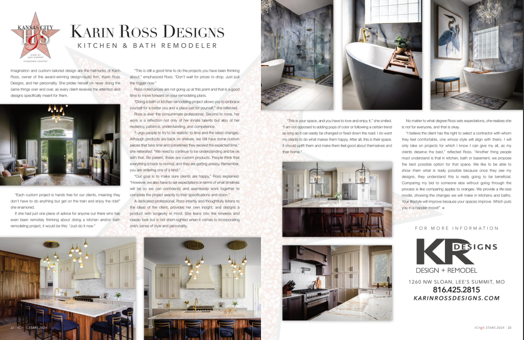 two-page spread featuring Karin Ross Designs, a Kansas City-based interior design company specializing in kitchen and bath remodels.