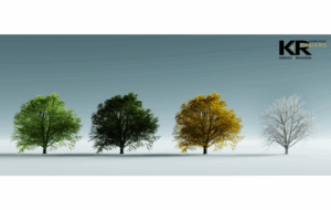Four trees, the first representing spring, the second summer, the third fall, and the fourth winter, help illustrate that the seasons can tie into design ideas.