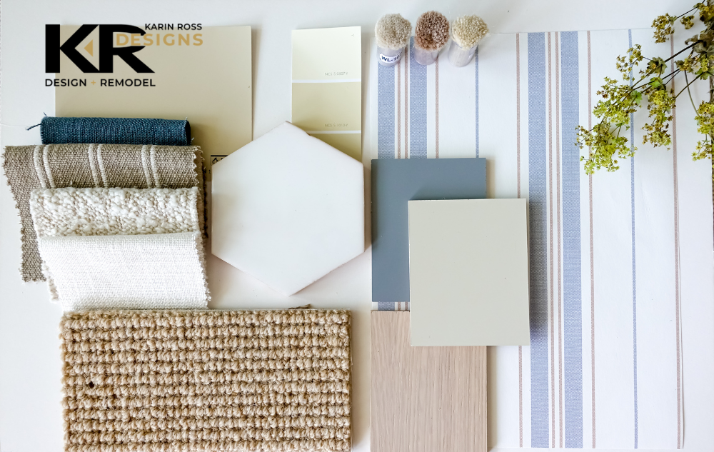 An array of curtain fabrics, flooring, carpet, tile, wallpaper, and paint colors are across the page, indicating that they are trying to create an interior design mood board to help them design their space with the help of Karin Ross Designs.